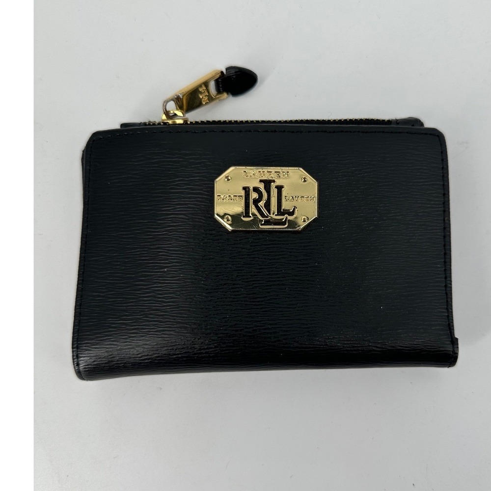 Lauren Ralph Lauren Black Leather Bifold Wallet Gold Logo Plaque Zip Pocket
